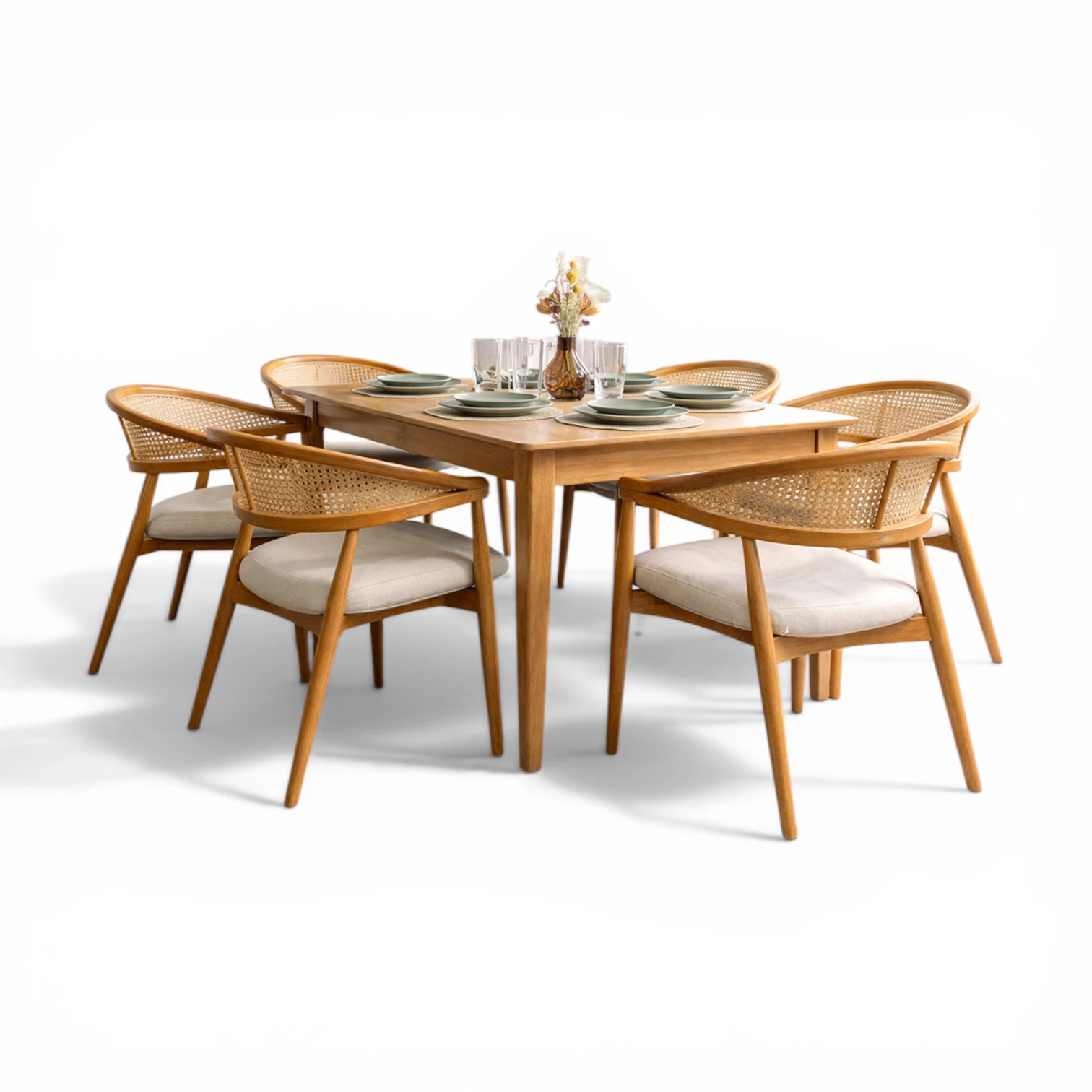 Sina Masa & Gazel Sandalye Takımı | Hasır Detaylı 6 Kişilik Modern Yemek Seti